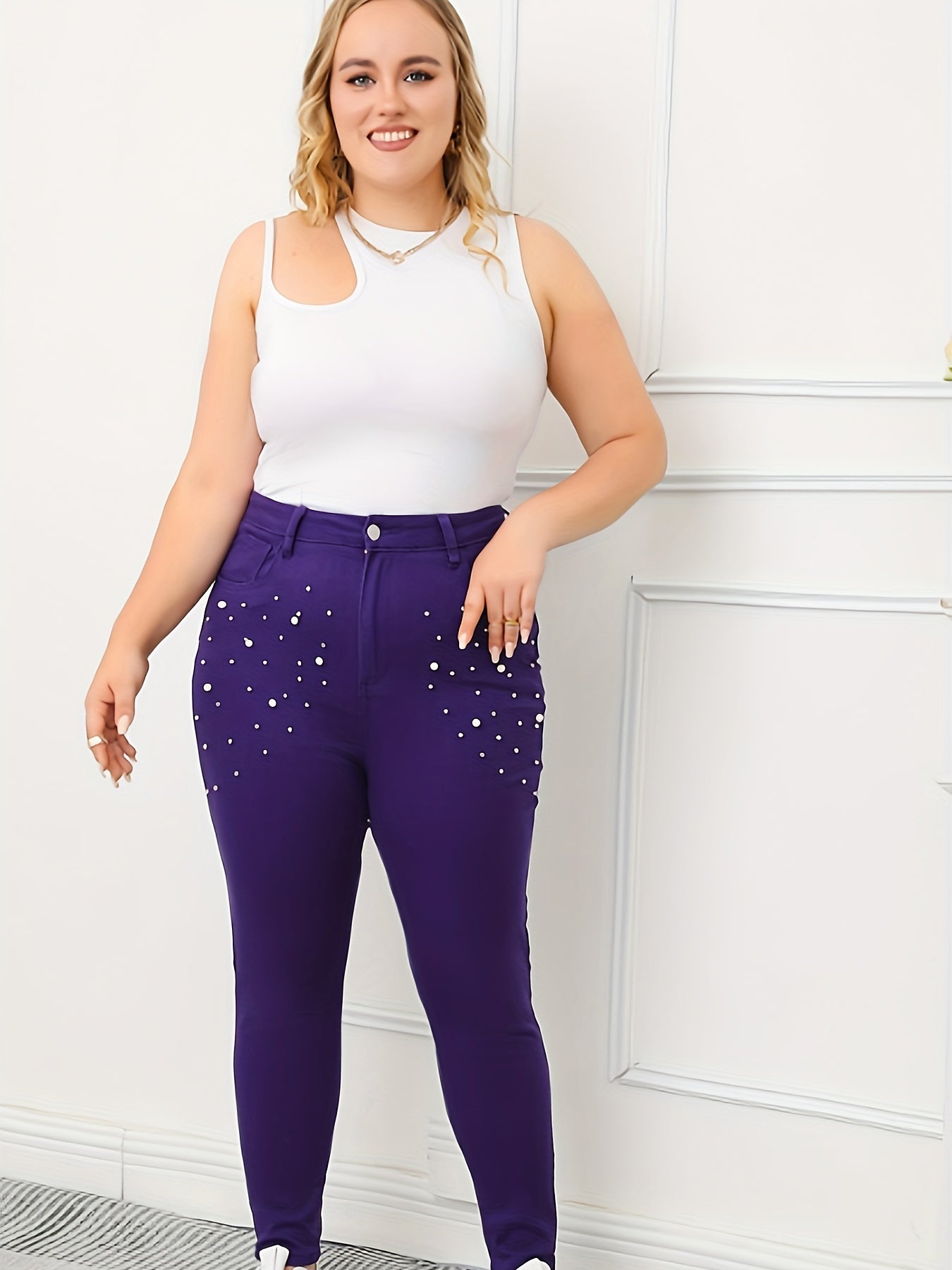 Women's Plus Pearl Button Slim Fit Denim Pants
