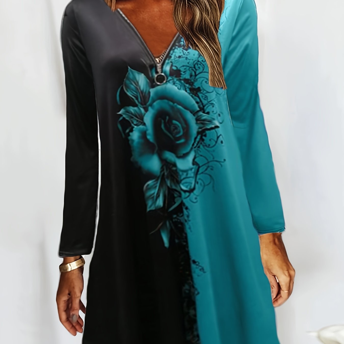 Floral Print Zip V Neck Dress Long Sleeve Casual Mini Dress