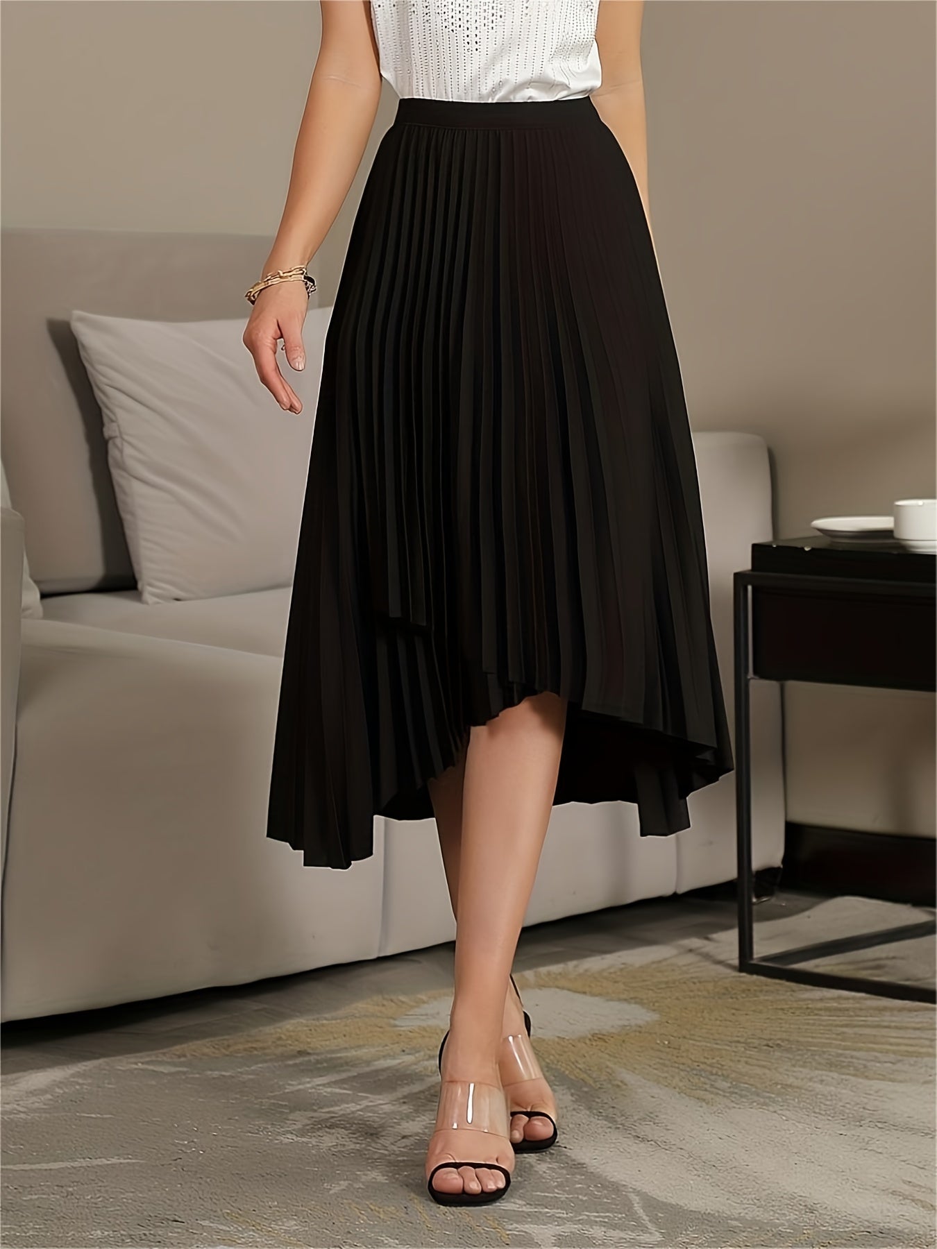 Pleated A Line Skirt Asymmetrical High Waist Women's Clothing