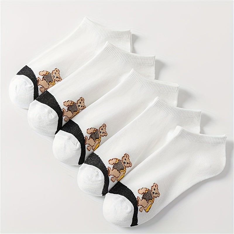 5 Pairs Cartoon Bear Print Socks Lightweight Low Cut Ankle Socks
