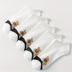5 Pairs Cartoon Bear Print Socks Lightweight Low Cut Ankle Socks