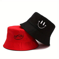 Smiling Face Embroidery Bucket Hat Reversible UV Protection Sun Hat