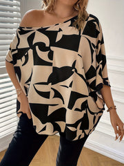 Colorblock Geo Print One Shoulder Short Sleeve Top