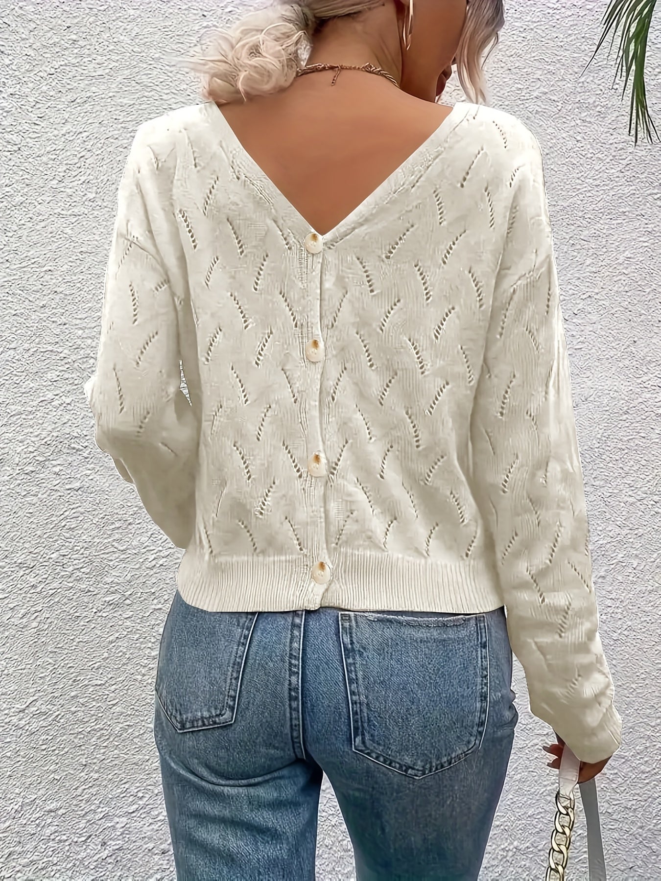 Solid Button Front Knit Cardigan V Neck Long Sleeve Sweater