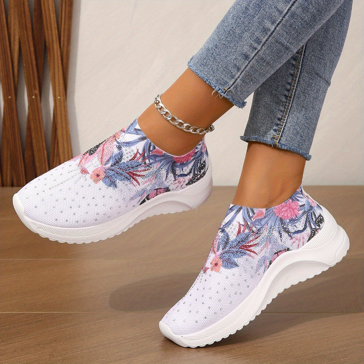 Floral Graphic Slip On Sock Shoes with Rhinestone Detail