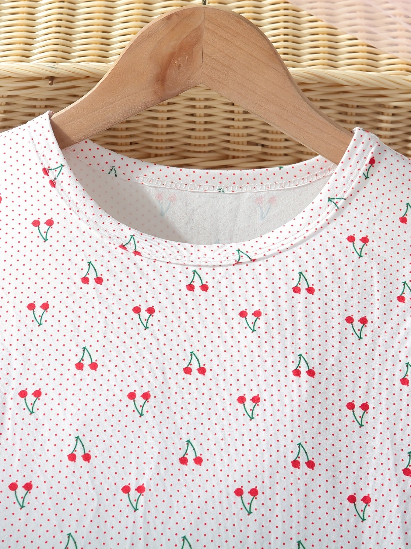 Girls Cherry Print PJ Nightdress Ruffle Decor Short Sleeve Round Neck Dress