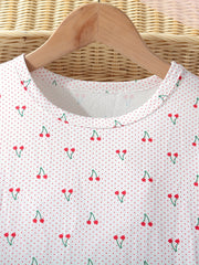 Girls Cherry Print PJ Nightdress Ruffle Decor Short Sleeve Round Neck Dress