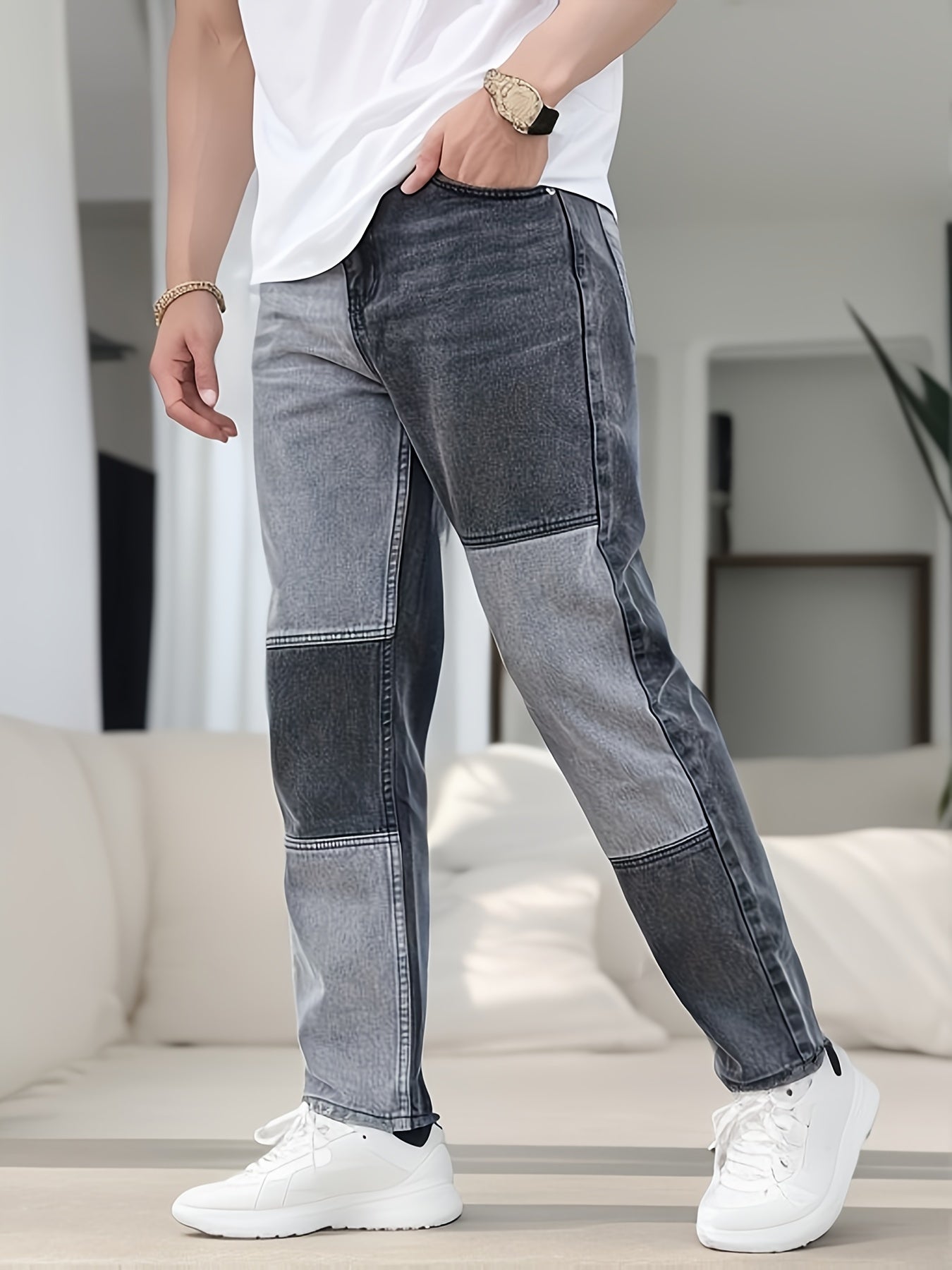 Men's Slim Patchwork Denim Pants for Spring