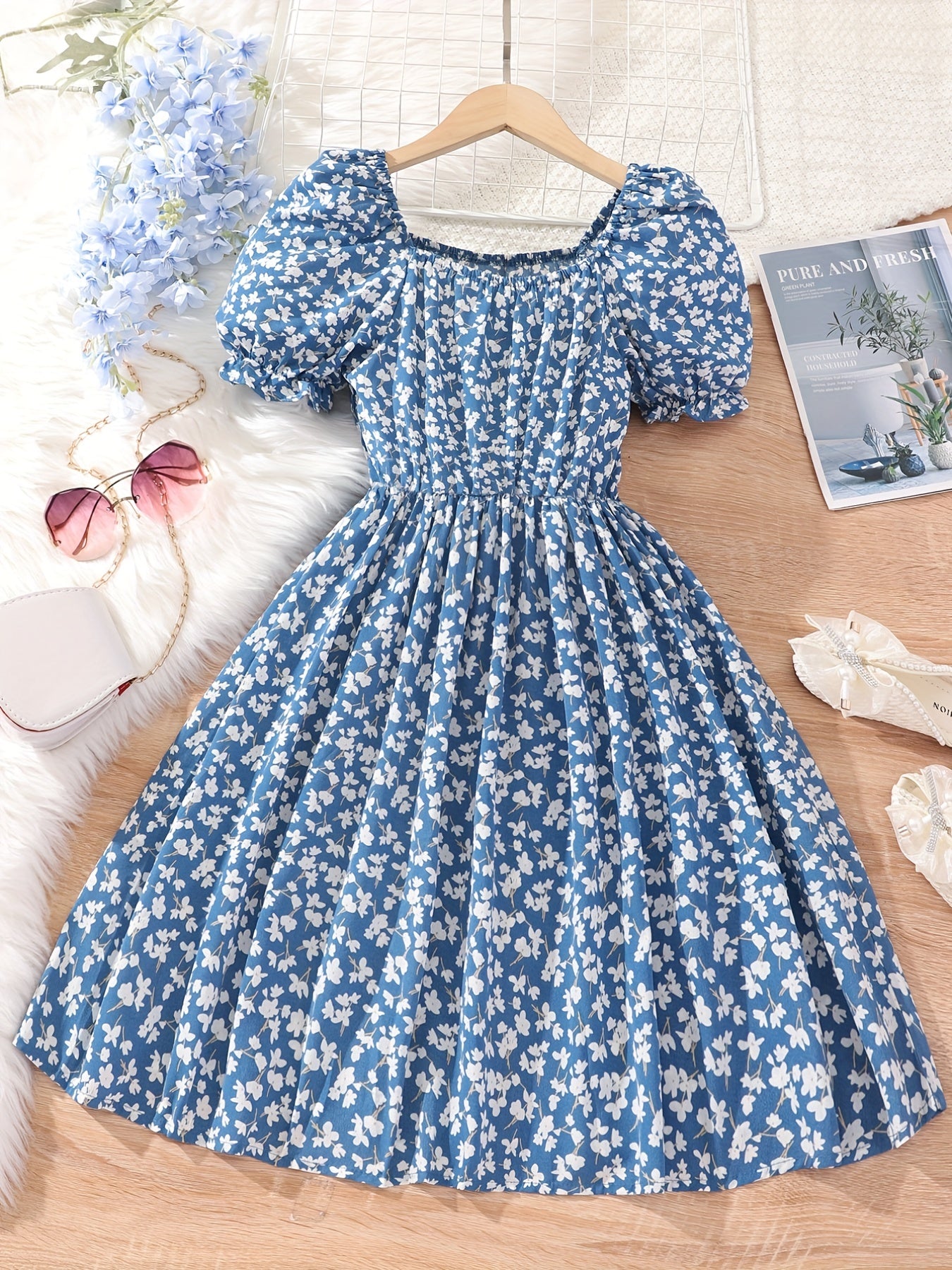 Girls Floral Print Square Neck Casual Dress for Summer