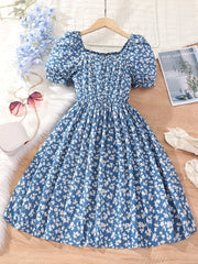 Girls Floral Print Square Neck Casual Dress for Summer