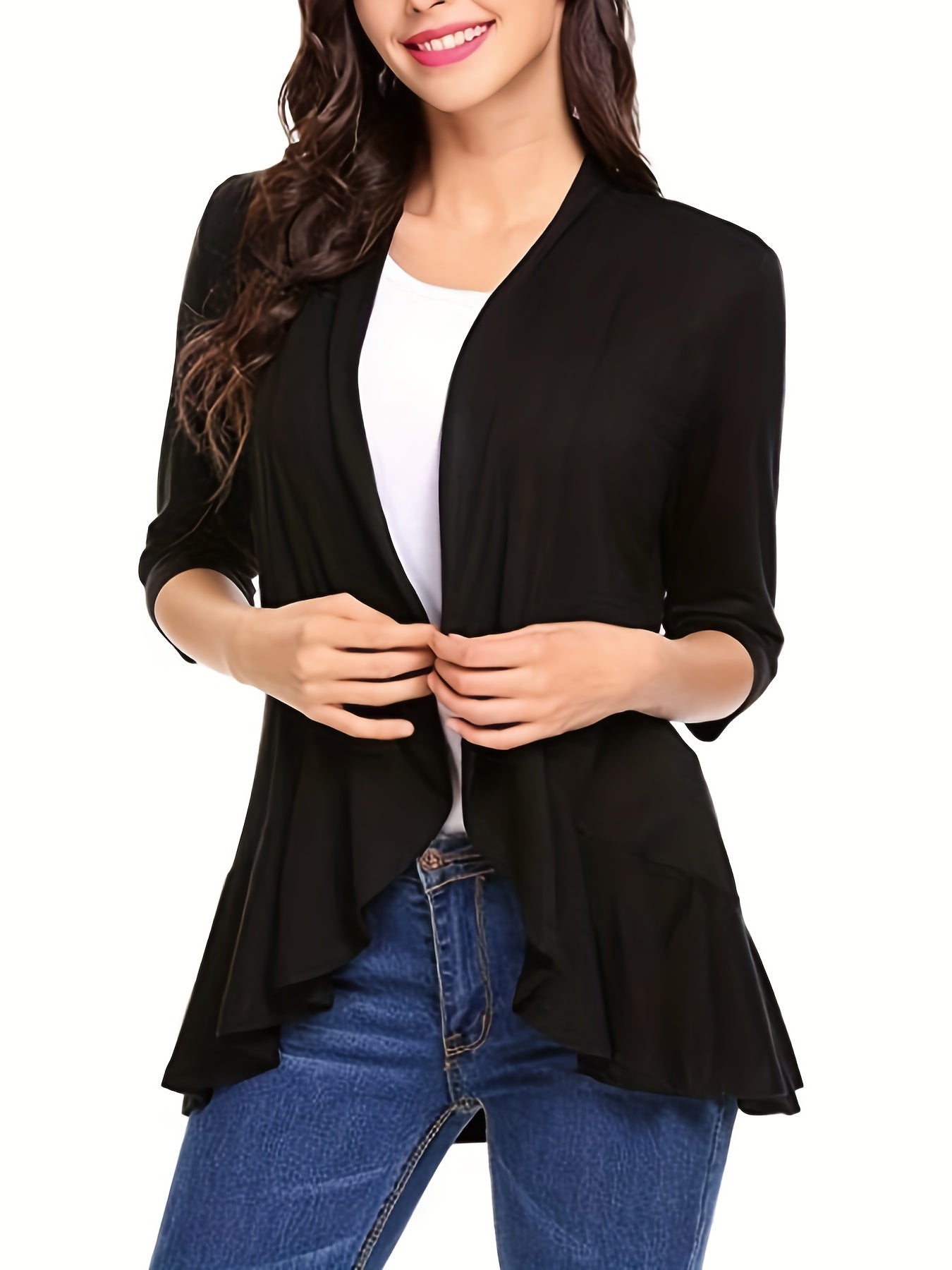 Solid 3/4 Sleeve Open Front Ruffle Trim Cardigan
