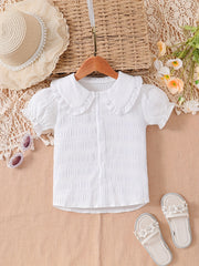 Girls Puff Sleeve Button Collared Blouse