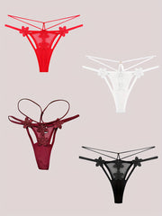 Floral Embroidery Thongs Double Ribbon Mesh Panties