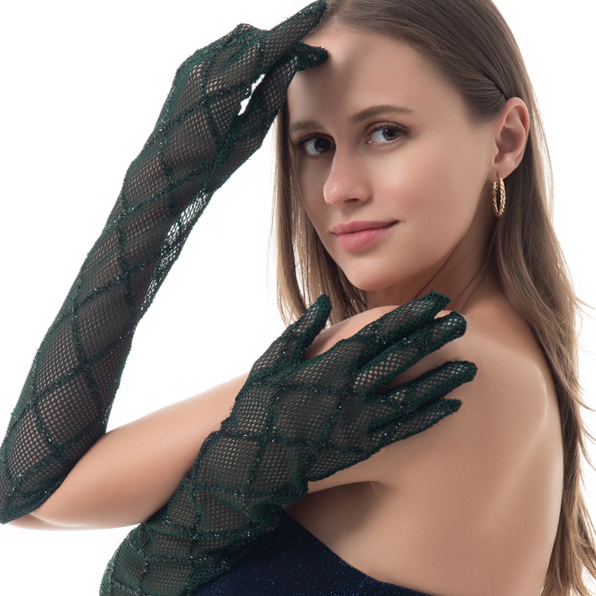 Dark Green Mesh Long Gloves Vintage Plaid Dress Up Elastic Gloves