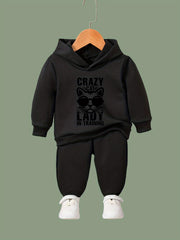 Cartoon Cat Pattern Hooded Sweatshirt and Sweatpants Set for Girls