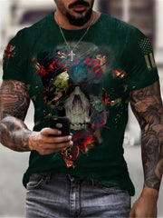 Men's American Flag & Skull Print T-Shirt Short Sleeve Crew Neck Tee
