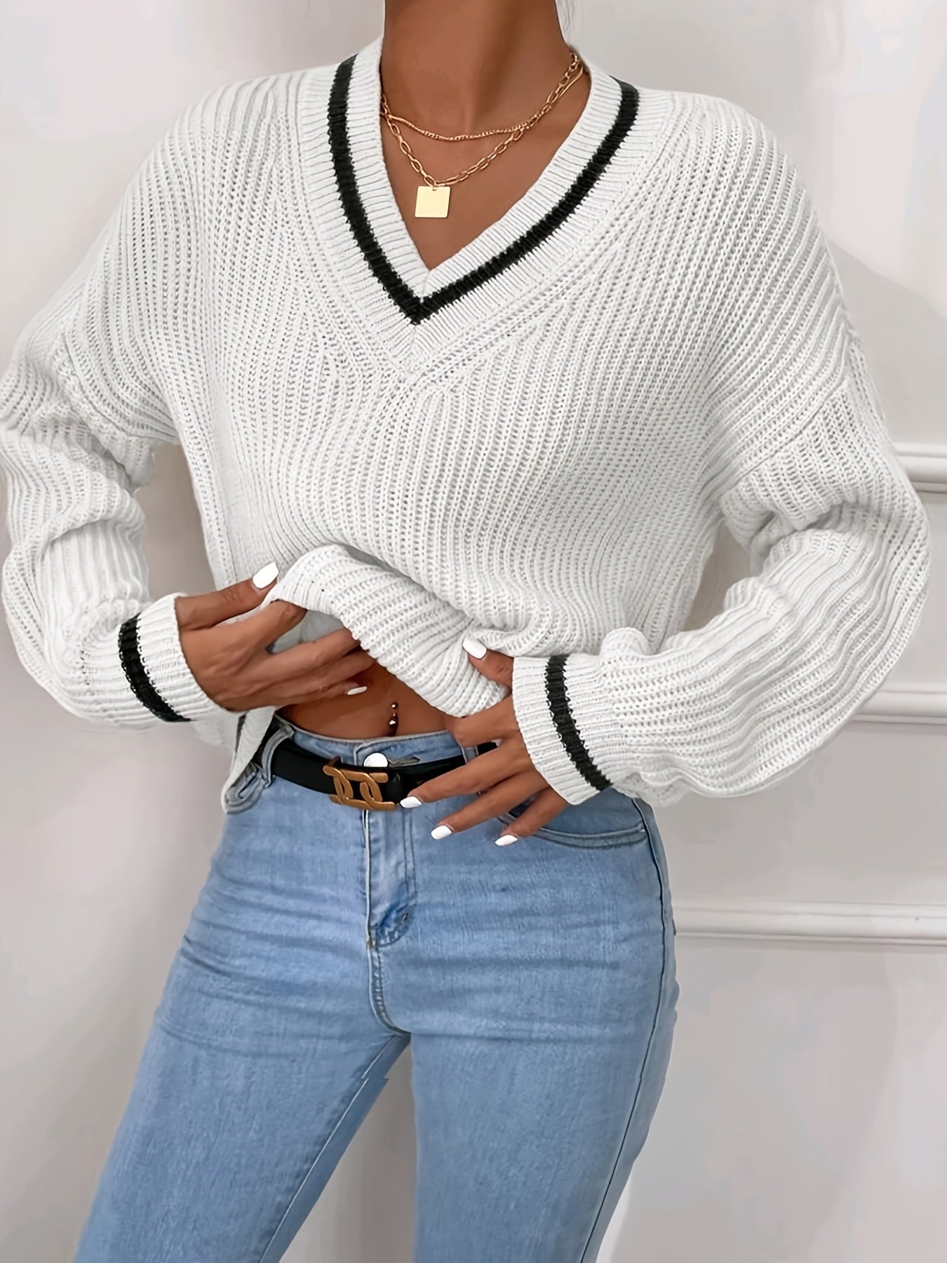 Striped Print Knit Sweater V Neck Long Sleeve Women's Clothing