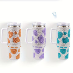 Cow Print Water Bottle 40oz Portable Glass Car Bottle Handle Straw Lid