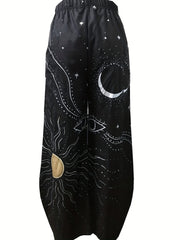 Sun & Moon Print Wide Leg Pants With Pockets
