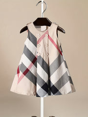 Girls' Plaid Sleeveless Princess Dress Cotton Casual Vest Dress
