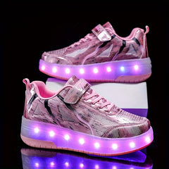Boy's LED Light Up Roller Shoes Hook Loop Velcro Wheel Skate Sneakers Kids