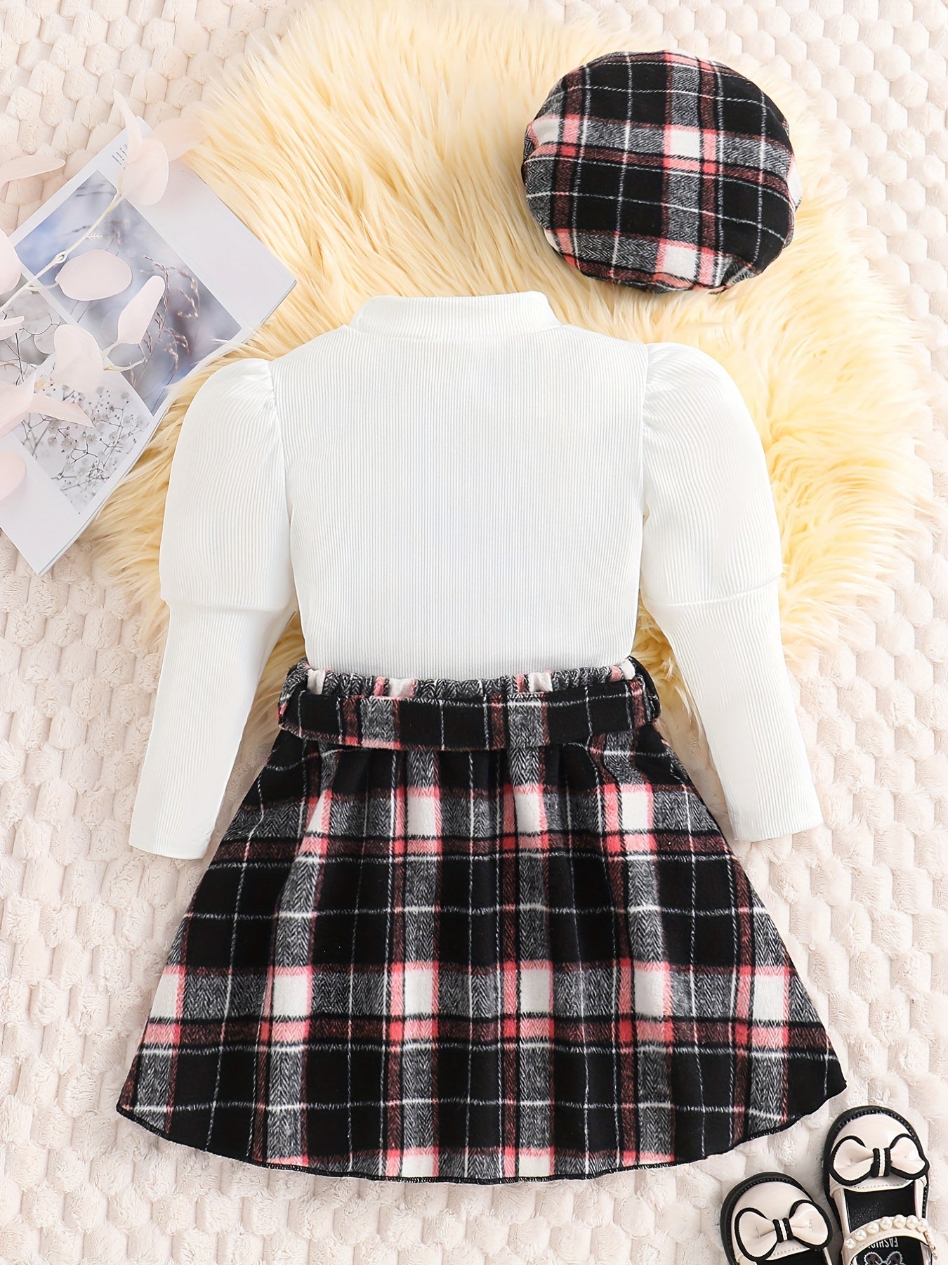 Girl's 3pcs Ribbed Top & Hat & Skirt Set Plaid Pattern Casual