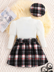Girl's 3pcs Ribbed Top & Hat & Skirt Set Plaid Pattern Casual