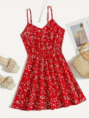 Floral Print Vacation Dress Spaghetti Strap Cinched Waist