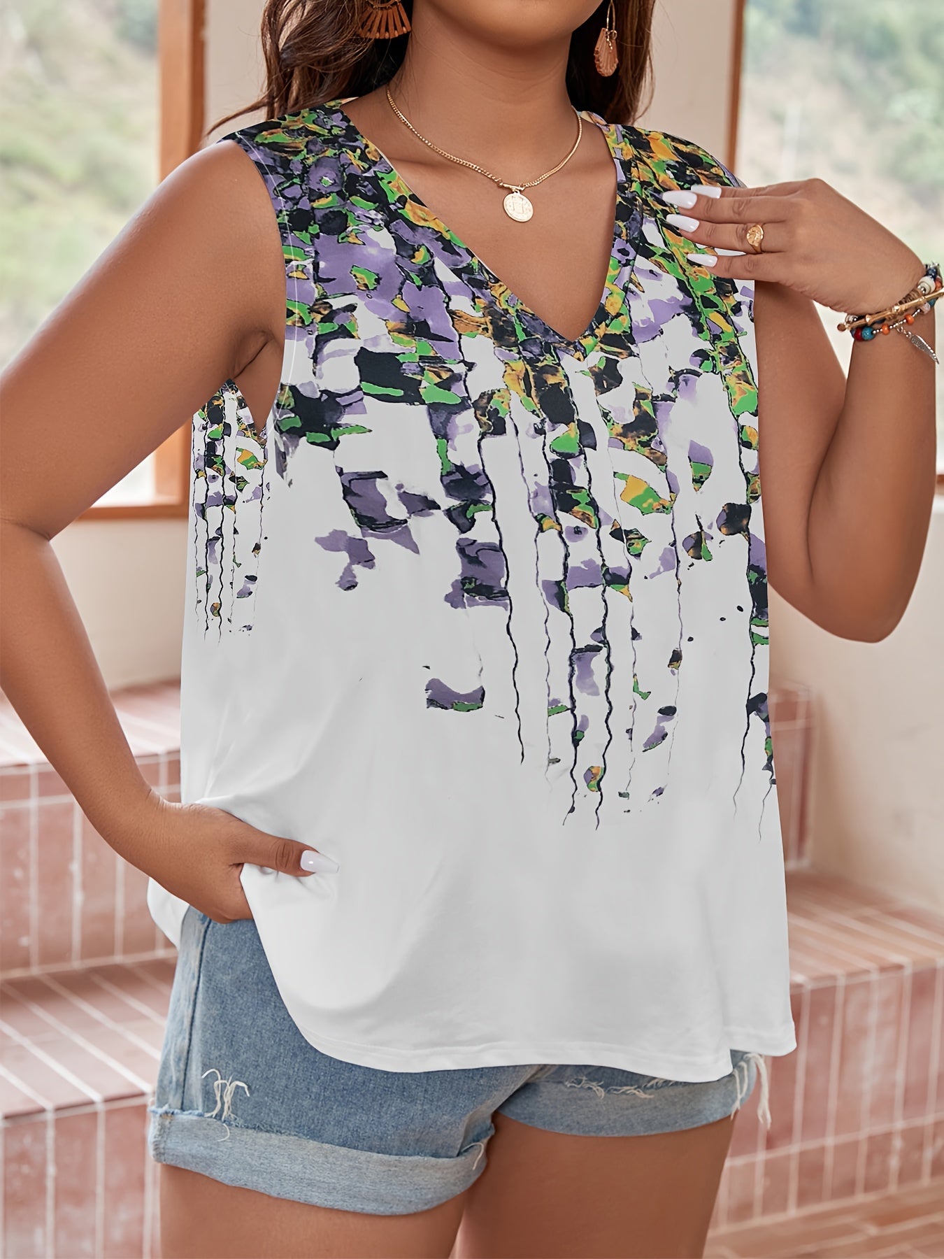 Casual Tank Top Women's Plus Random Print V Neck Slight Stretch