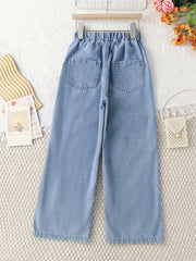 Girls Wide Leg Denim Pants with Pockets