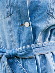 Denim Jacket Button Up Lapel Collar Belted w/ Pockets