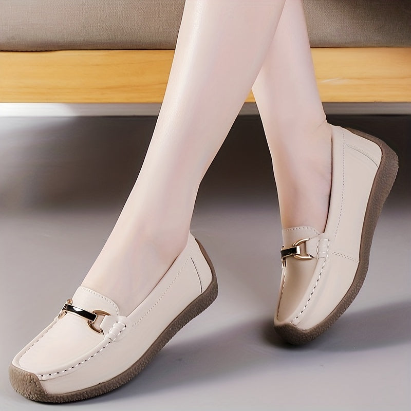 Women's Metal Decor Loafers Slip On Shoes Lightweight Faux Leather