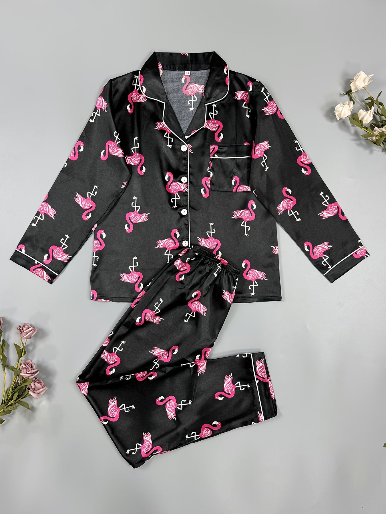 Flamingo Print Pajama Set Long Sleeve Top & Pants Women's Sleepwear