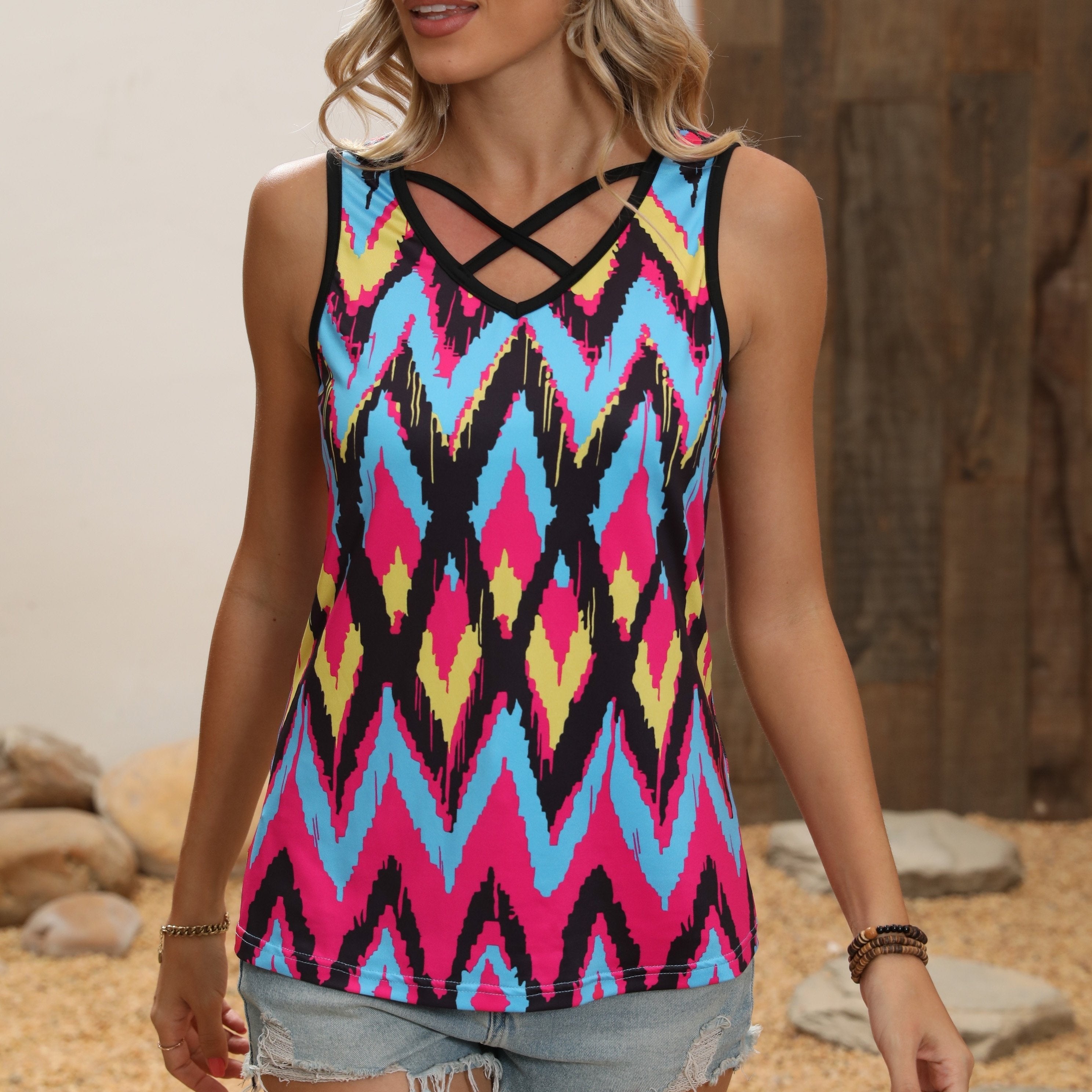 Geometric Print Cross V Neck Tank Top Summer Sleeveless