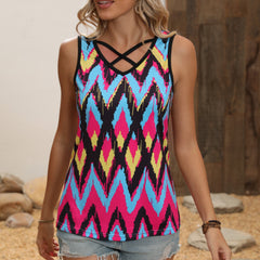 Geometric Print Cross V Neck Tank Top Summer Sleeveless