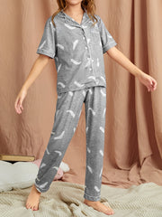 Girls Feather Graphic Pajama Set Short Sleeve Top & Pants Kids Family Outfit