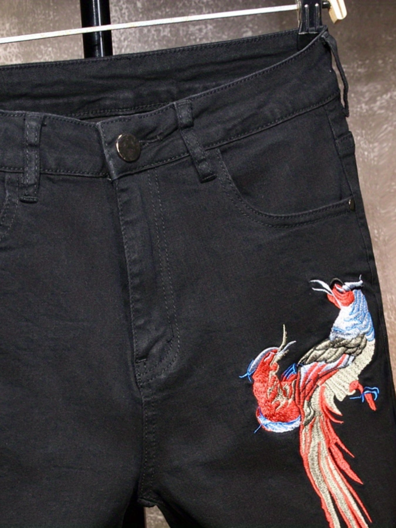 Slim Fit Embroidery Bird Ripped Jeans Men's Casual Medium Stretch Denim Pants
