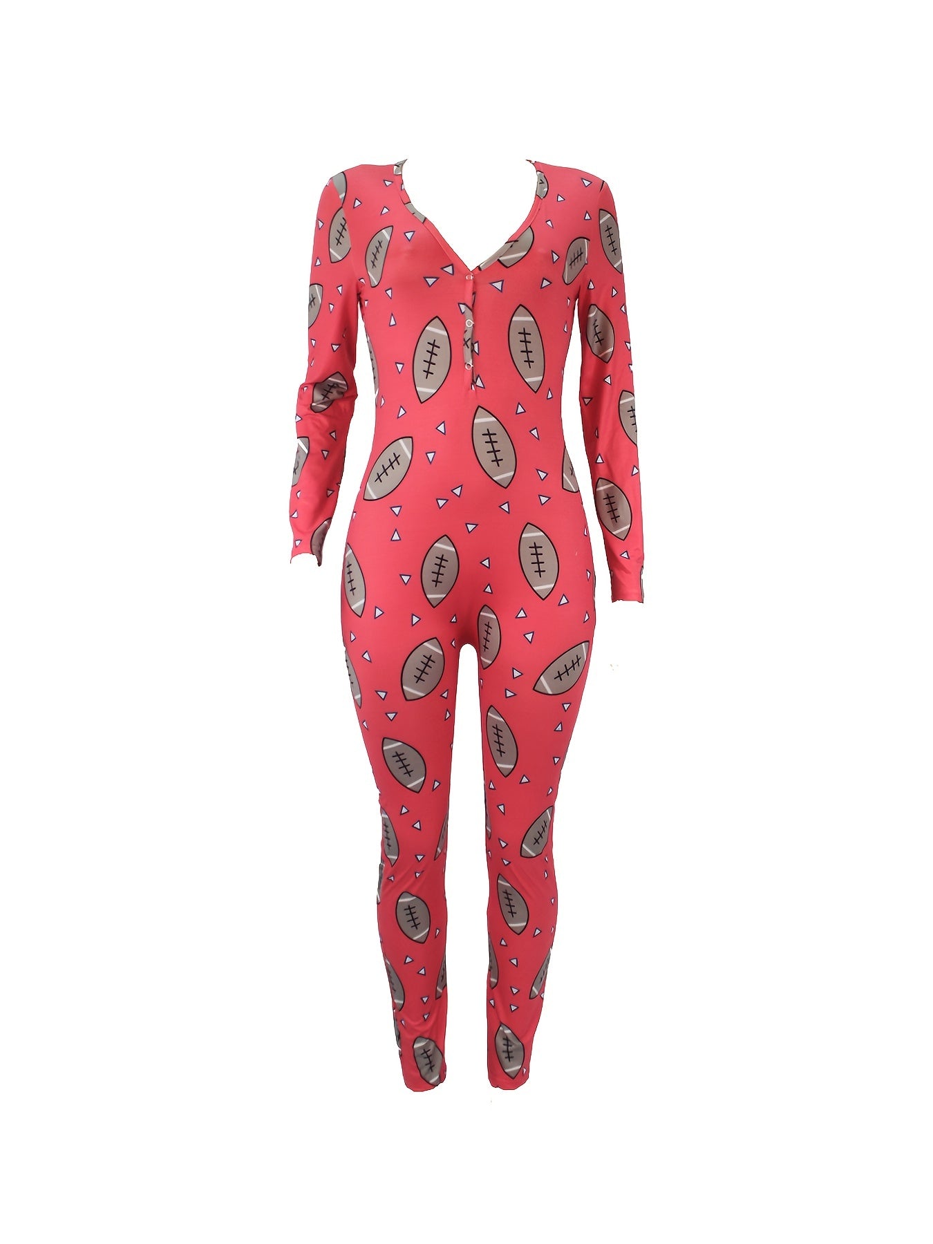 Rugby Print Lounge Jumpsuit Long Sleeve V Neck Buttons Jumpsuit