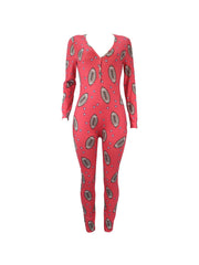 Rugby Print Lounge Jumpsuit Long Sleeve V Neck Buttons Jumpsuit