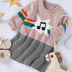 Baby Casual Dress Girls Sweater Long Sleeve Music Note Striped Dress