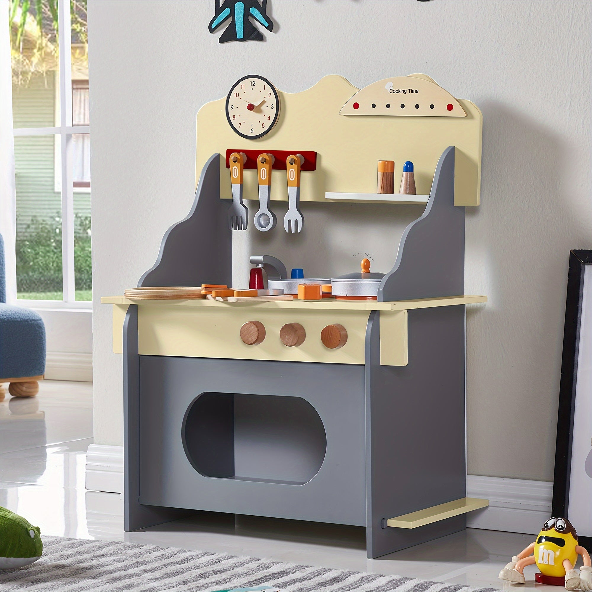 Wooden Play Kitchen Set Clock Sink Stovetop 51x69