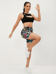 Graffiti Print Yoga Sports Shorts High Waist Running Shorts