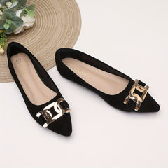 Pointed Toe Flat Shoes with Metallic Buckle - Versatile Work Shoes