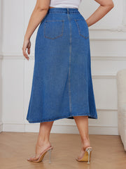 Women's Plus High Rise Maxi Denim Skirt, Button Fly, Casual Solid