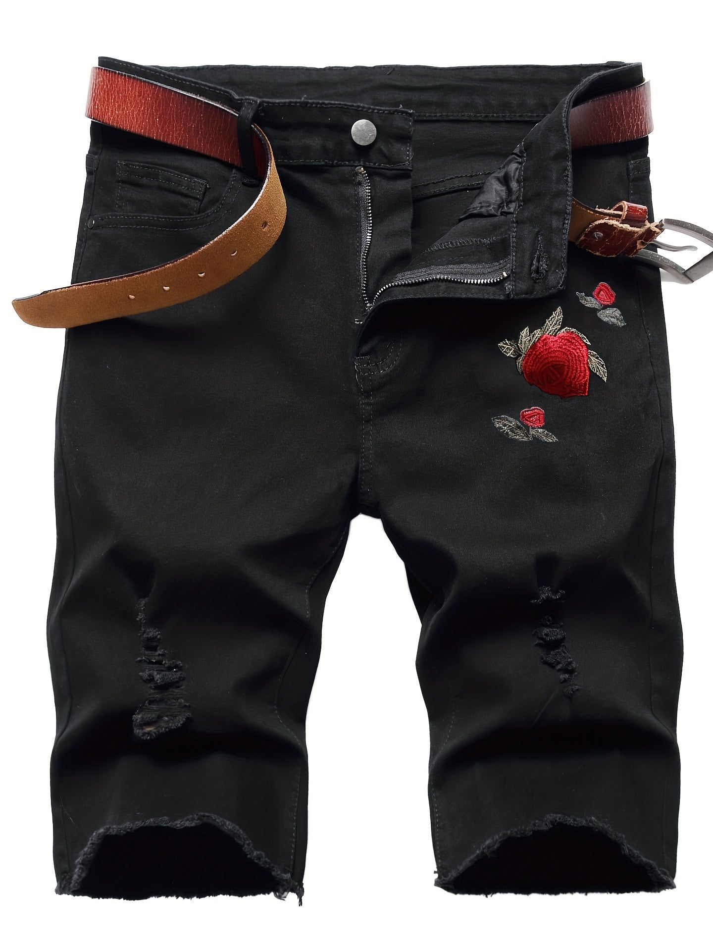 Floral Embroidery Denim Shorts Men's Casual Street Style