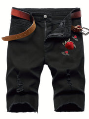 Floral Embroidery Denim Shorts Men's Casual Street Style