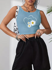 Daisy Print Crop Tank Top Sleeveless Summer Women's Clothing