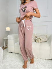 Heart Print Pajama Set Short Sleeve Crew Neck Top & Elastic Waistband Pants