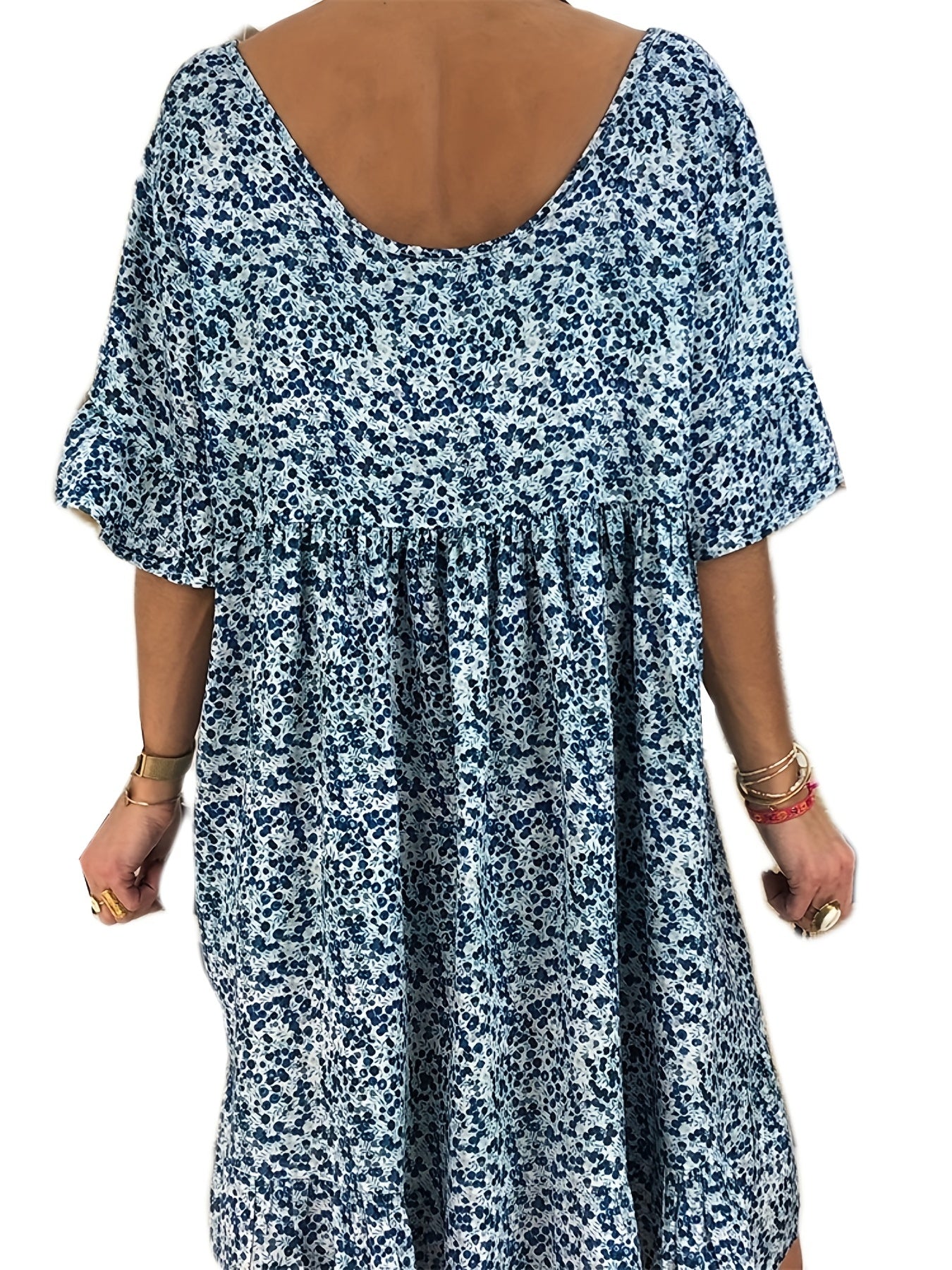 Plus Size Casual Dress Women's Print Bell Sleeve Smock Dress