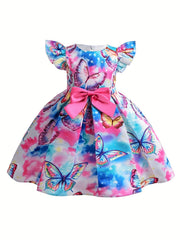 Toddler Girls Ruffle Trim Flowers And Butterfly Graphic Bow Princess Dress